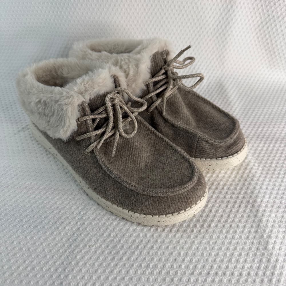 Hey Dude Wendy Fold Nut Brown Wool Faux Fur Lined Moccasin Loafers Womens W8